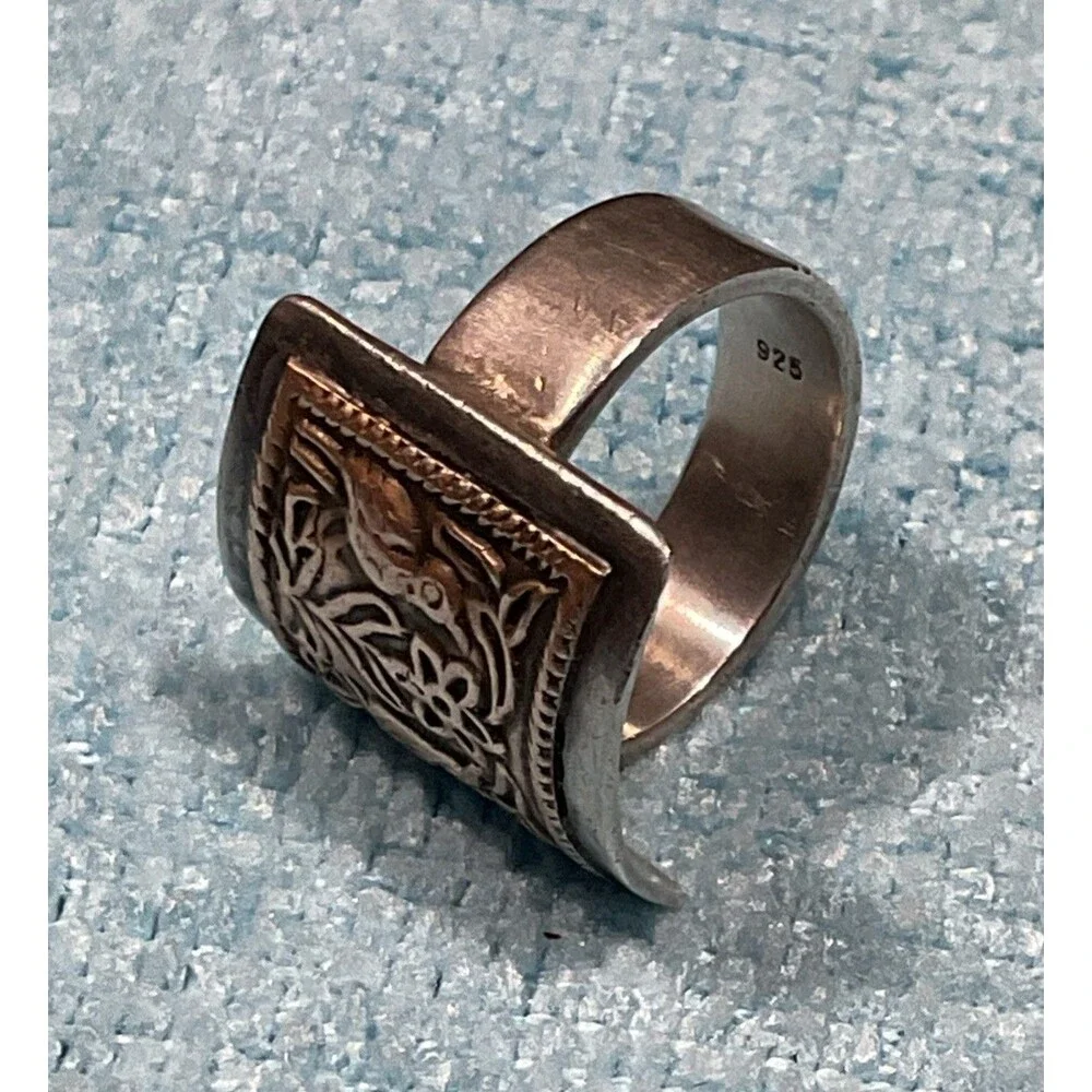 Gothic Sterling Silver Mixed Metal Wide Band Ring Artisan Folk Art Size 6